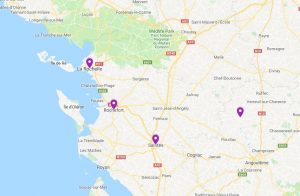 Map showing La Rochelle, Rochefort, Saintes, and Villejesús. 