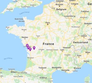 Map showing La Rochelle, Rochefort, Saintes, and Villejesús. 